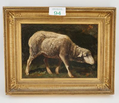 painting of a sheep in a gold frame on a white wall