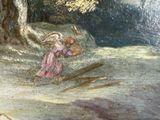a painting of a woman holding a stick in the woods