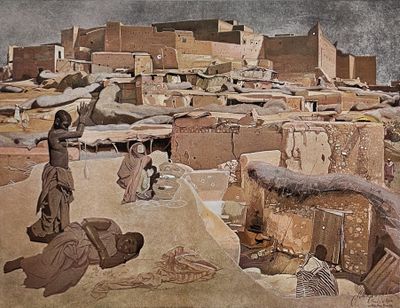a painting of a group of people in the desert