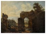 an image of a painting of a stone arch in a rural landscape