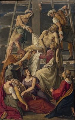 un tableau représentant un groupe de personnes sur une échelle