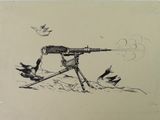 drawing of a machine gun on a tripod with birds flying around it
