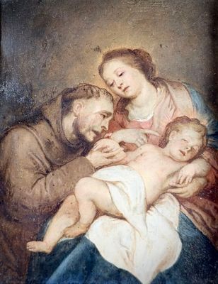 an image of a painting of a man holding a baby and a woman holding a child