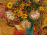 un tableau représentant des fleurs dans un vase posé sur une chaise rouge