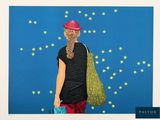 a painting of a woman with a bag and stars in the sky