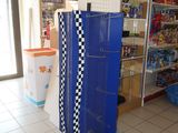 a blue and white checkered display in a store