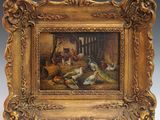un tableau représentant des poulets dans une grange, avec un cadre en bois
