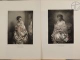 an open book with two pictures of a woman in a dress