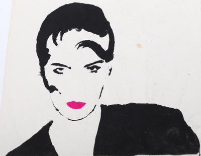 painting of a woman in black and white with a pink lipstick