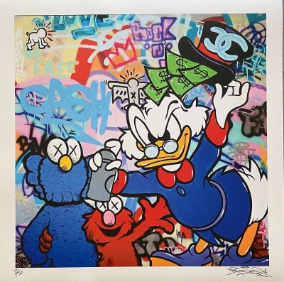 painting of donald duck, donald duck, and goofy duck in front of a graffiti covered wall