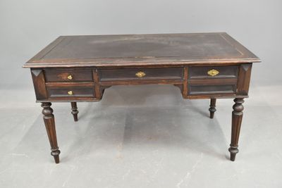 a wooden desk with two drawers and two drawers on each side