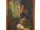 une peinture à l'huile représentant un coq et des poules dans un jardin