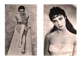 two black and white photos of a woman in a dress and a woman in a swim suit