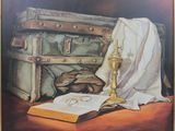 a painting of a book and a candle on a table