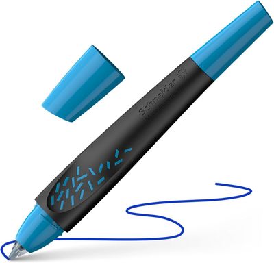 a blue pen with a black tip and blue ink on a white background