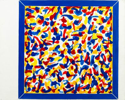 a painting of colorful paint splattered on a white wall