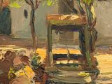 an oil painting of a well in the middle of a park