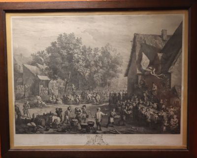 tableau représentant une scène de village avec une foule de personnes dans un village