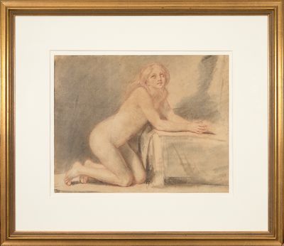 an image of a painting of a nude woman sitting on a table