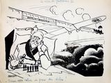 drawing of a man sitting in a chair in front of an airplane