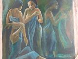 a painting of three women sitting on the ground