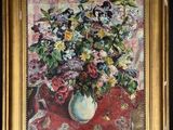 painting of flowers in a white vase on a red table cloth