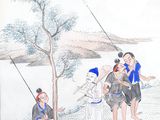 painting of a group of people on a hill with a tree in the foreground