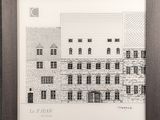 a black and white drawing of a building with a moon in the background