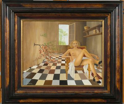 painting of a naked woman sitting on a checkered floor in a room