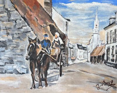 un tableau représentant un cheval tirant une calèche dans la rue