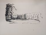 drawing of a house in the middle of a lake with trees in the foreground