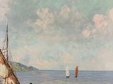a painting of a boat in the water with people on it
