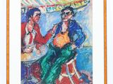 painting of two men sitting at a table in front of an umbrella