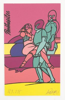 an image of a painting of a man and a woman on a motorcycle