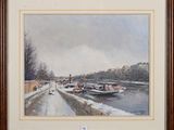 painting of boats in a canal in winter by a bridge