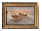 tableau représentant un groupe de chevaux tirant une charrette dans la neige