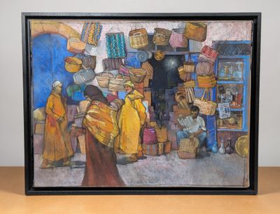 a painting of a woman selling baskets in a market