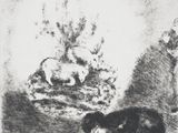 an image of a black and white drawing of a man and a dog