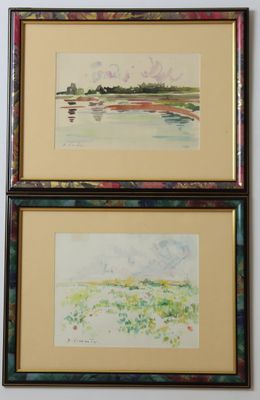 deux aquarelles encadrées représentant un paysage et une rivière