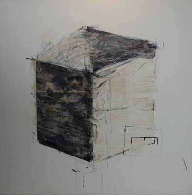 dessin représentant une boîte noire et blanche sur un mur blanc