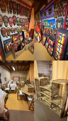 many pictures of a room with a variety of items on the wall