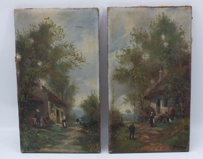 paire de peintures à l'huile du XIXe siècle représentant une route de campagne et une scène de vie à la ferme