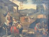 painting of a group of people in a field with sheep
