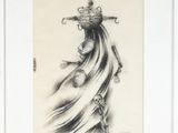 an image of a drawing of a woman with a hat on her head and a sword in her hand