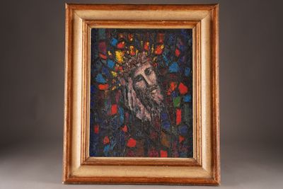 an oil painting of an owl with a crown on its head