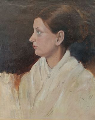 painting of a woman in a white robe looking off to the side