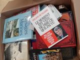 une boîte remplie de livres posés sur le sol