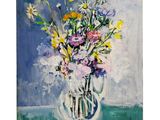 une peinture à l'huile représentant un vase rempli de fleurs posé sur une table