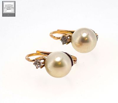 pair of pearl and diamond earrings on a white background