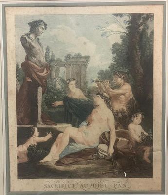 Gravure en couleur "Sacrifice au Dieu Pan".